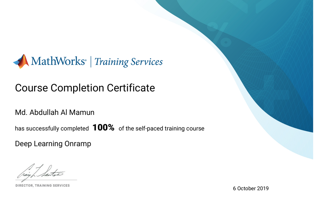 MATLAB Deep Learning Onramp Certificate