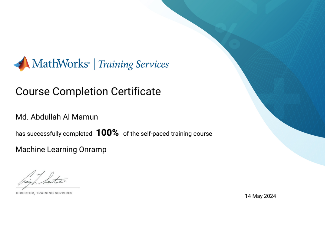 MATLAB Machine Learning Onramp Certificate