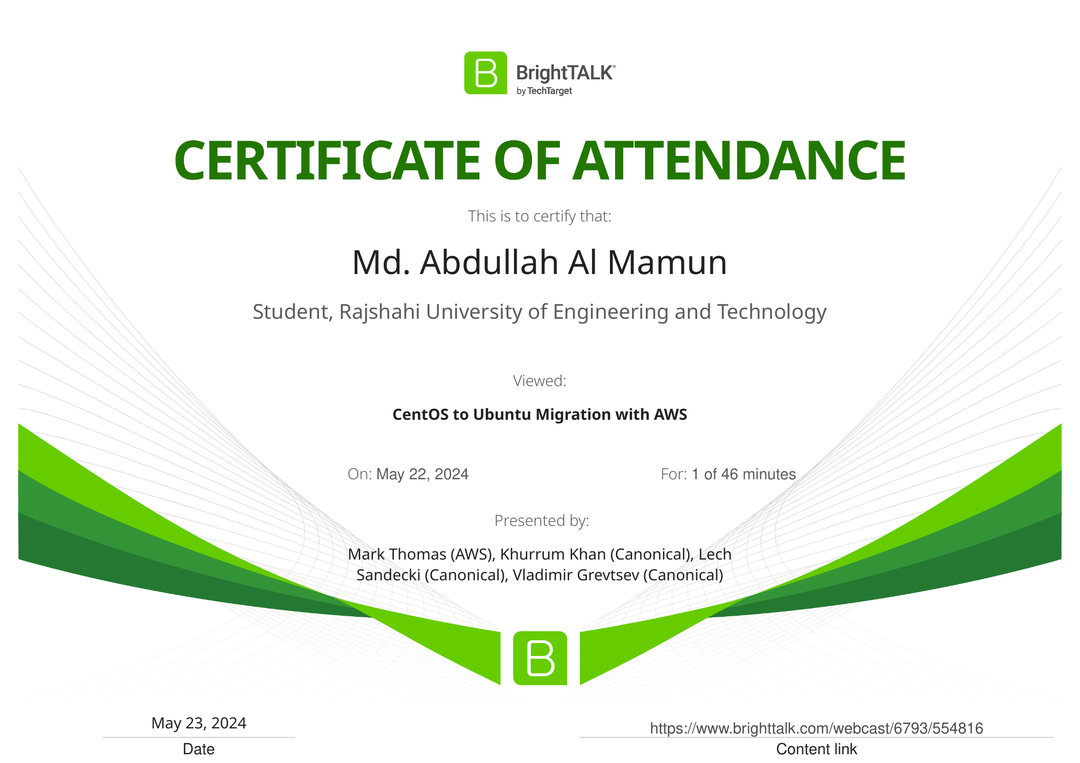 BrightTalk Viewing Certificate - CentOS to Ubuntu Migration with AWS